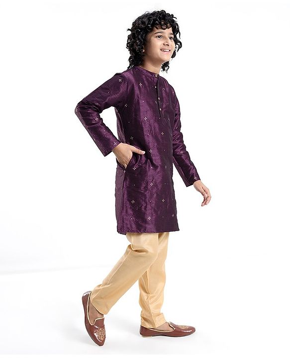 Pine Kids Foil Printed Full Sleeves Kurta Pyjama Set- Plum