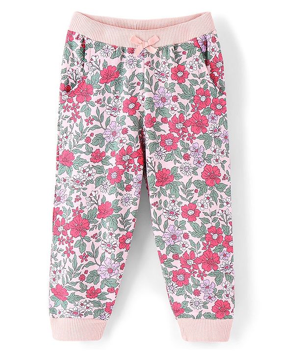 Babyhug Cotton Looper Full Length Lounge Pants Floral Print - Pink & Grey