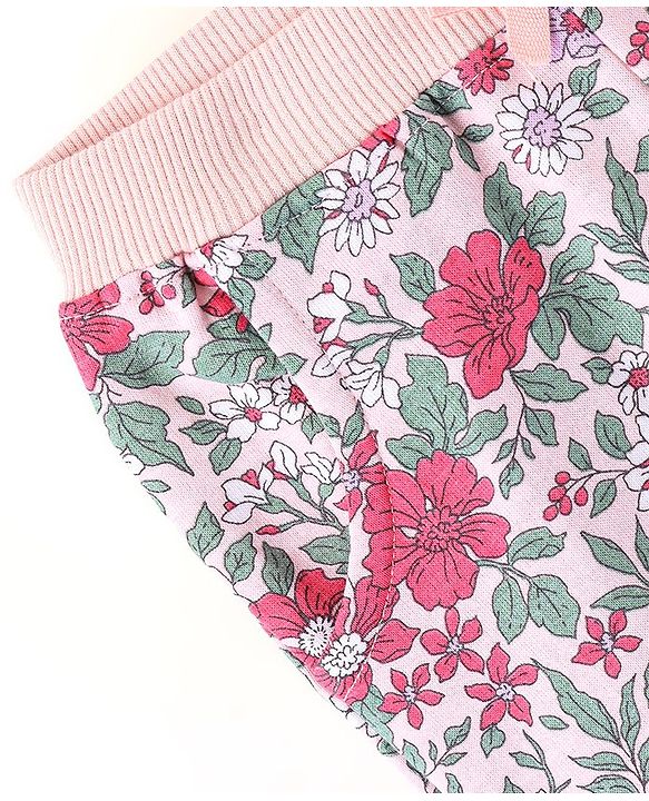 Babyhug Cotton Looper Full Length Lounge Pants Floral Print - Pink & Grey