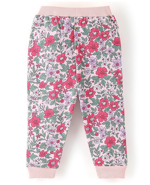 Babyhug Cotton Looper Full Length Lounge Pants Floral Print - Pink & Grey