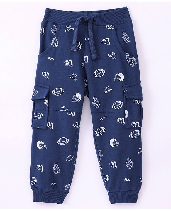 Babyhug Cotton Knit Full Length Lounge Pant Rugby Print - Navy Blue