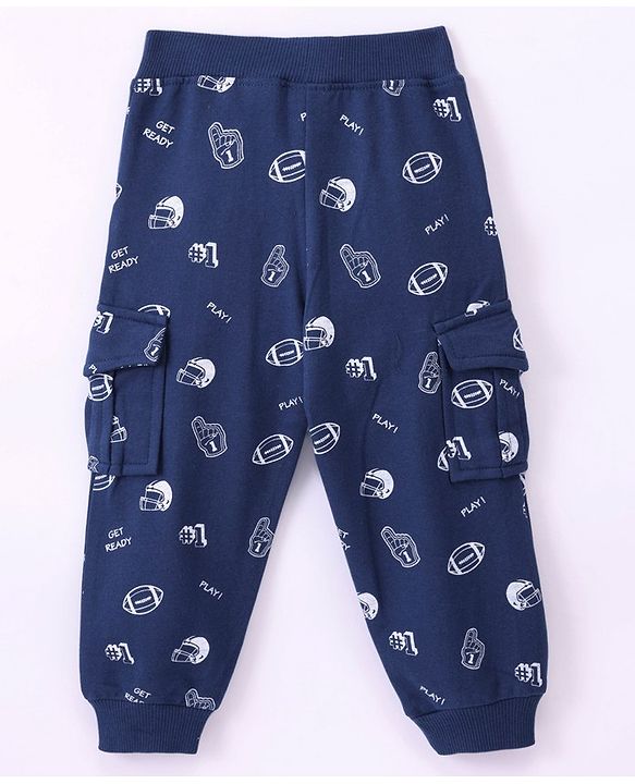Babyhug Cotton Knit Full Length Lounge Pant Rugby Print - Navy Blue