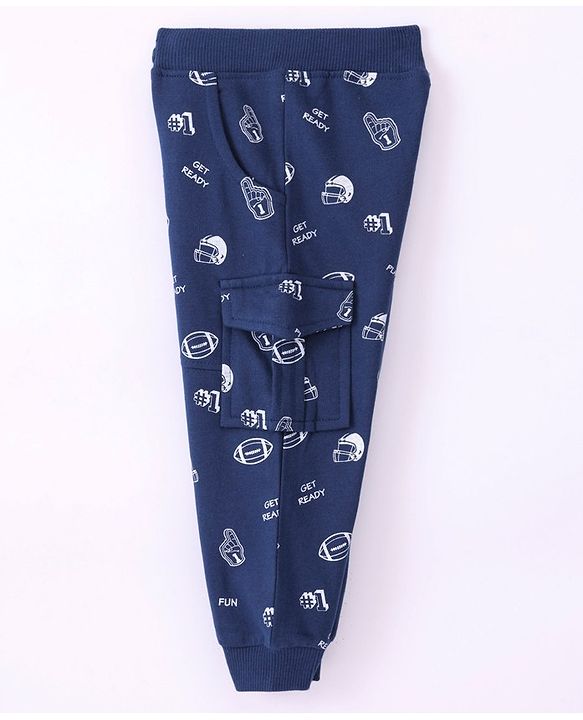 Babyhug Cotton Knit Full Length Lounge Pant Rugby Print - Navy Blue