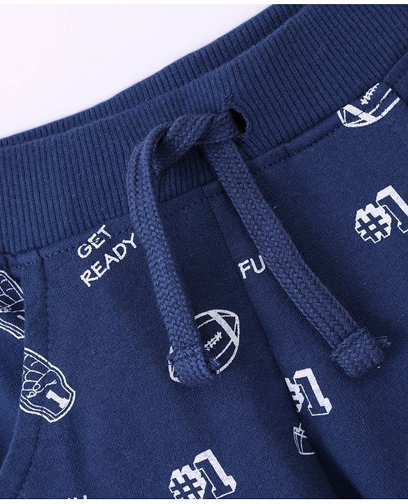 Babyhug Cotton Knit Full Length Lounge Pant Rugby Print - Navy Blue