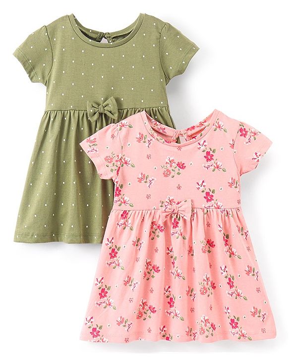 Babyhug 100% Cotton Knit Half Sleeves Floral Printed Dress Pack of 2 - Green & Pink