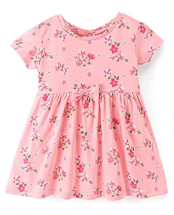 Babyhug 100% Cotton Knit Half Sleeves Floral Printed Dress Pack of 2 - Green & Pink