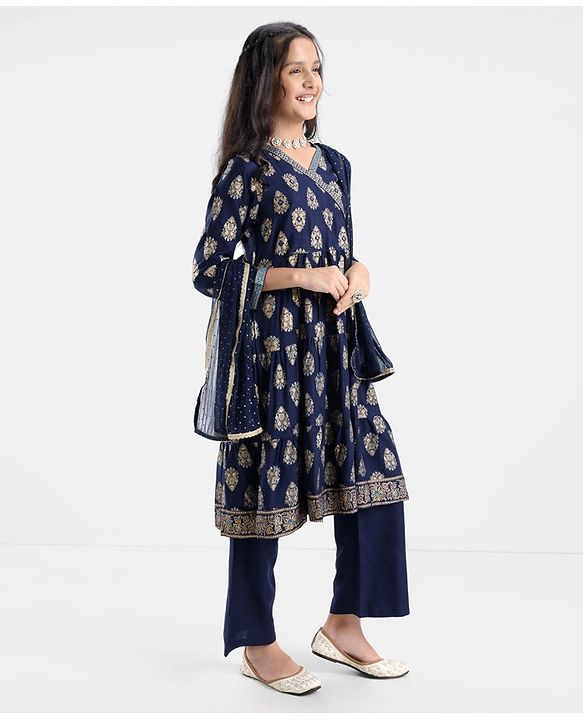 Pine Kids Viscose Woven Three Fourth Kurta & Churidar Set with Dupatta Ajrakh Print - Navy Blue