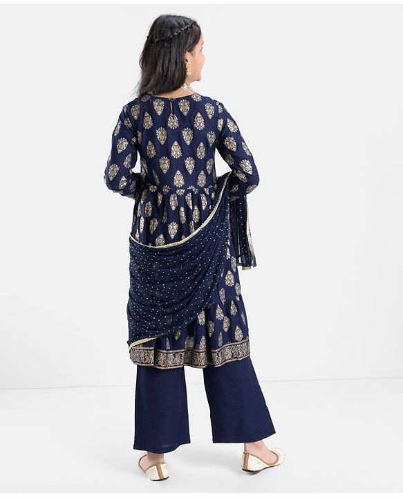 Pine Kids Viscose Woven Three Fourth Kurta & Churidar Set with Dupatta Ajrakh Print - Navy Blue