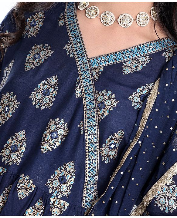 Pine Kids Viscose Woven Three Fourth Kurta & Churidar Set with Dupatta Ajrakh Print - Navy Blue