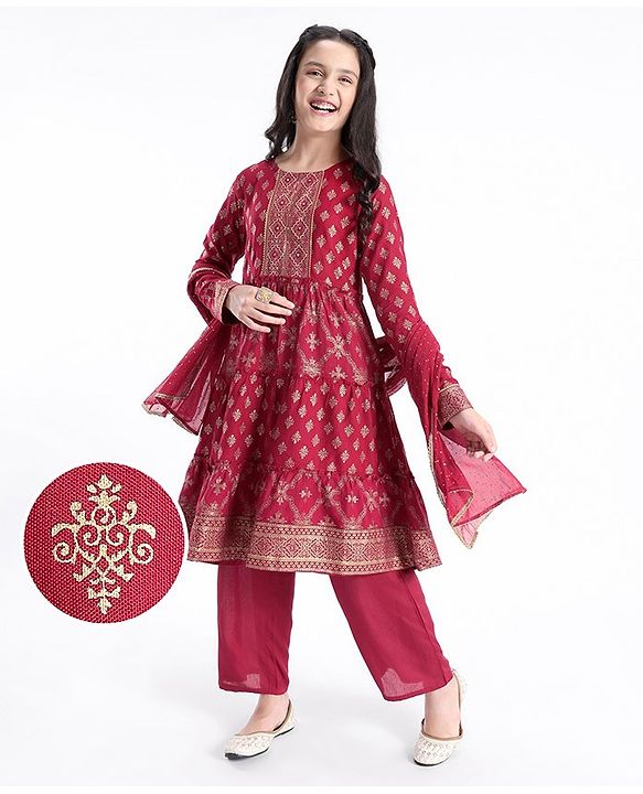 Pine Kids 100% Rayon Woven Full Sleeves Gold Printed Kurti Churidar Set With Dupatta- Maroon