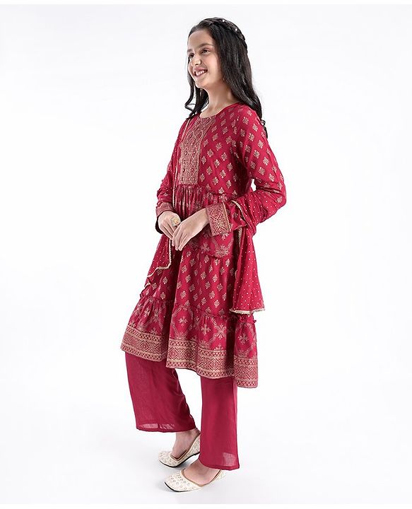 Pine Kids 100% Rayon Woven Full Sleeves Gold Printed Kurti Churidar Set With Dupatta- Maroon