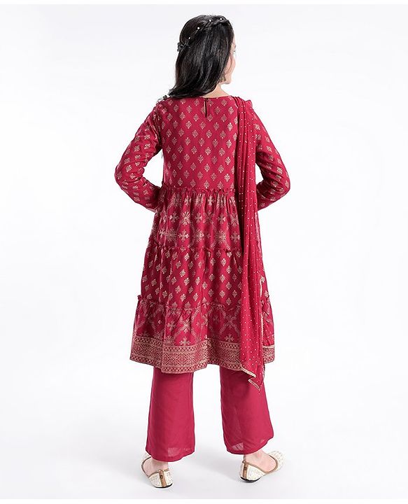 Pine Kids 100% Rayon Woven Full Sleeves Gold Printed Kurti Churidar Set With Dupatta- Maroon