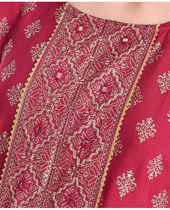 Pine Kids 100% Rayon Woven Full Sleeves Gold Printed Kurti Churidar Set With Dupatta- Maroon