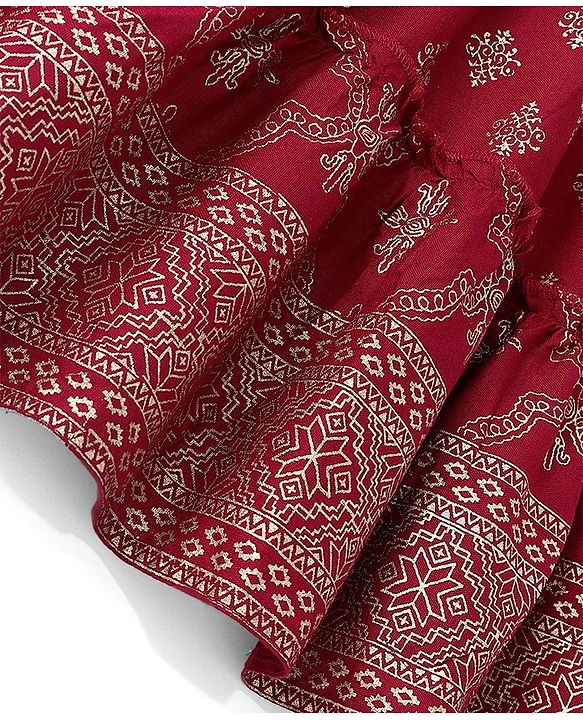 Pine Kids 100% Rayon Woven Full Sleeves Gold Printed Kurti Churidar Set With Dupatta- Maroon