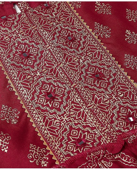 Pine Kids 100% Rayon Woven Full Sleeves Gold Printed Kurti Churidar Set With Dupatta- Maroon
