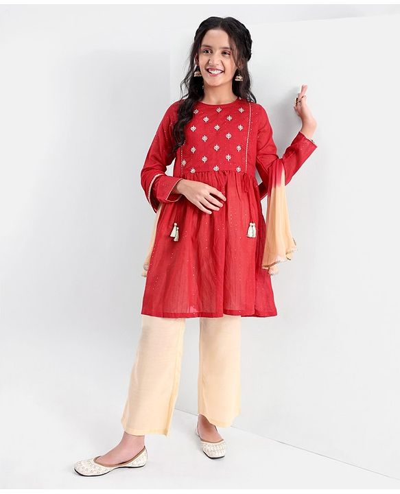 Pine Kids Three Fourth Sleeves Kurti Salwar Set Floral Embroidery - Red
