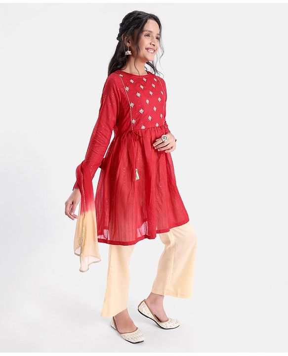 Pine Kids Three Fourth Sleeves Kurti Salwar Set Floral Embroidery - Red