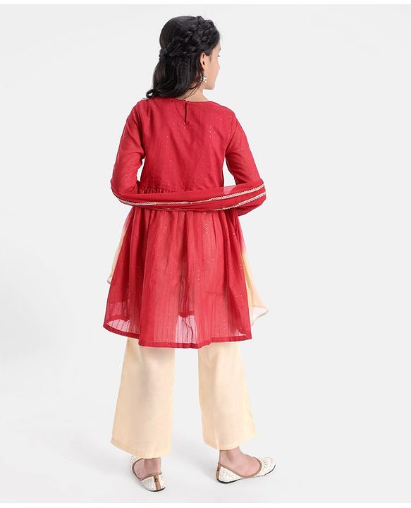 Pine Kids Three Fourth Sleeves Kurti Salwar Set Floral Embroidery - Red