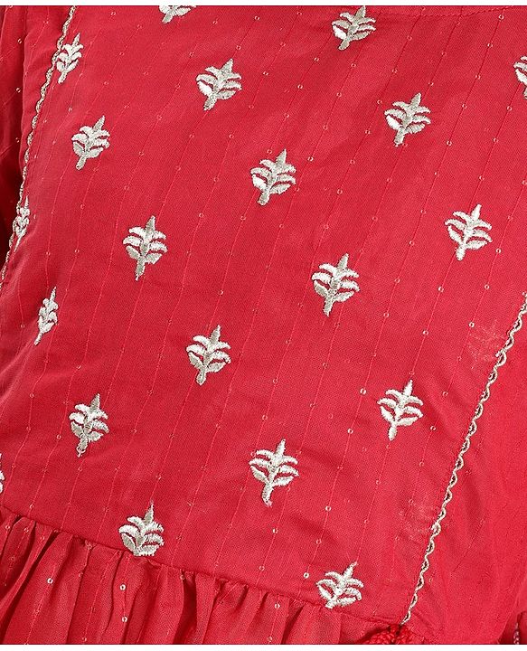 Pine Kids Three Fourth Sleeves Kurti Salwar Set Floral Embroidery - Red