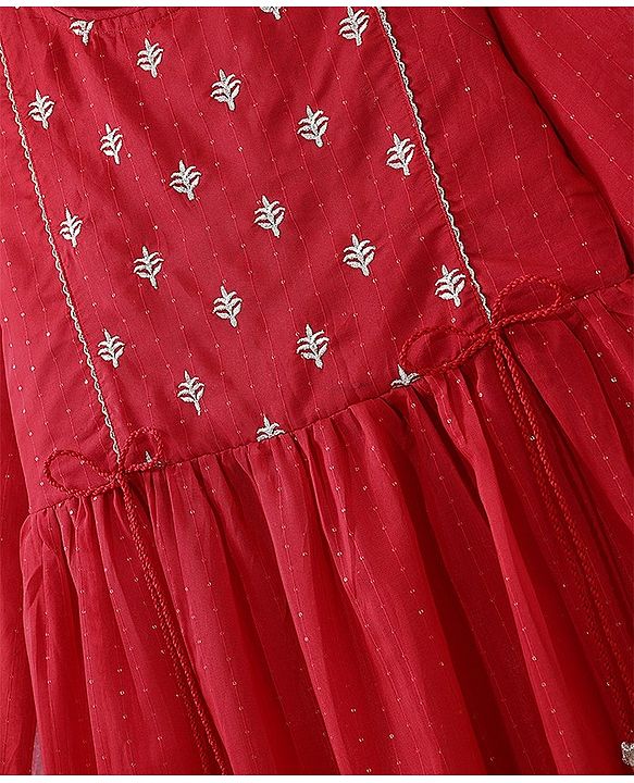 Pine Kids Three Fourth Sleeves Kurti Salwar Set Floral Embroidery - Red