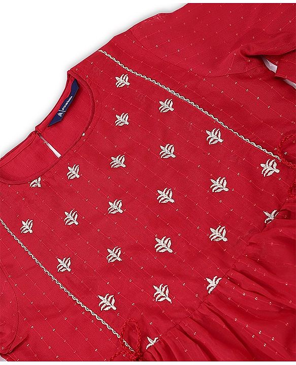 Pine Kids Three Fourth Sleeves Kurti Salwar Set Floral Embroidery - Red