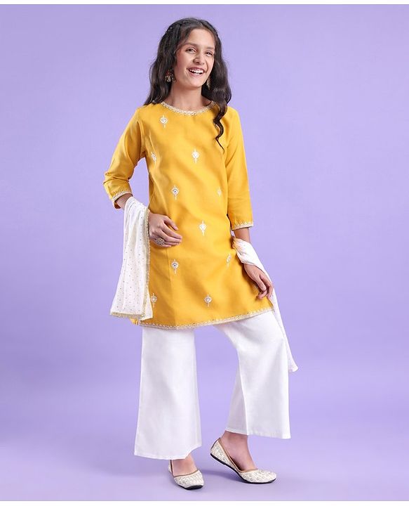 Pine Kids 100% Cotton Woven Embroidered Kurti & Pant Set with Dupatta - Mustard Yellow