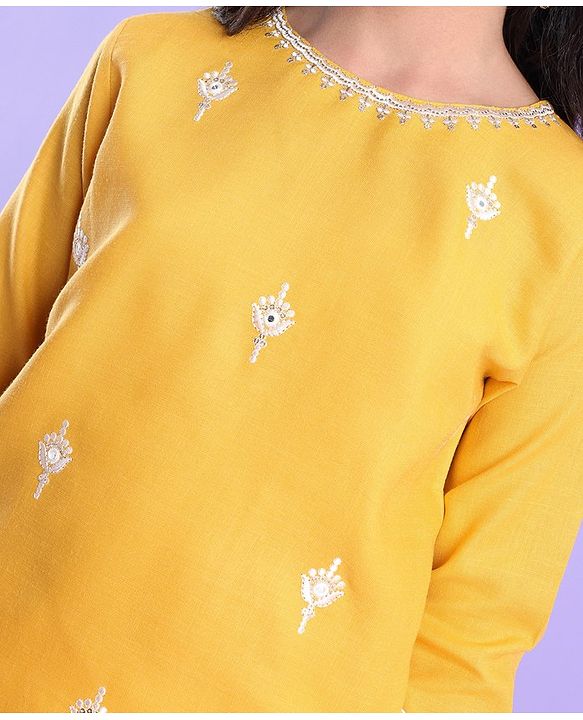 Pine Kids 100% Cotton Woven Embroidered Kurti & Pant Set with Dupatta - Mustard Yellow
