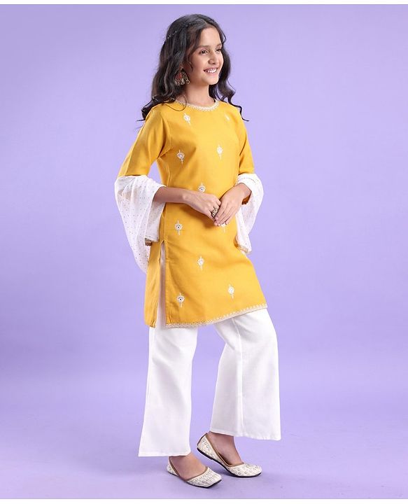 Pine Kids 100% Cotton Woven Embroidered Kurti & Pant Set with Dupatta - Mustard Yellow