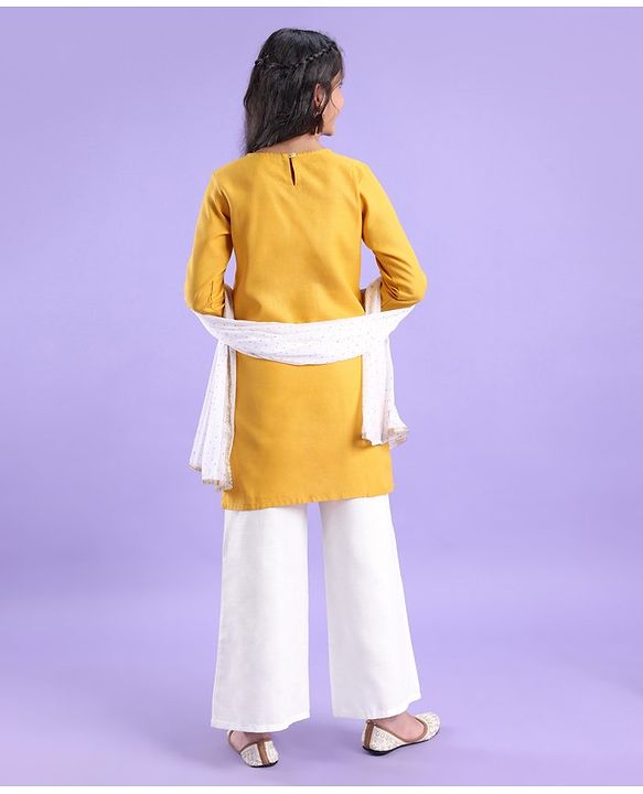Pine Kids 100% Cotton Woven Embroidered Kurti & Pant Set with Dupatta - Mustard Yellow