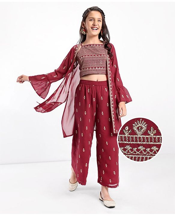 Pine Kids Woven Georgette Zari Embroidered Top and Palazzo Set with Shrug - Maroon