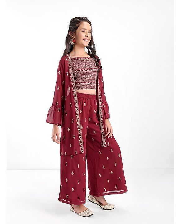 Pine Kids Woven Georgette Zari Embroidered Top and Palazzo Set with Shrug - Maroon