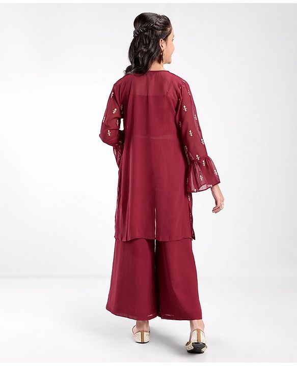 Pine Kids Woven Georgette Zari Embroidered Top and Palazzo Set with Shrug - Maroon