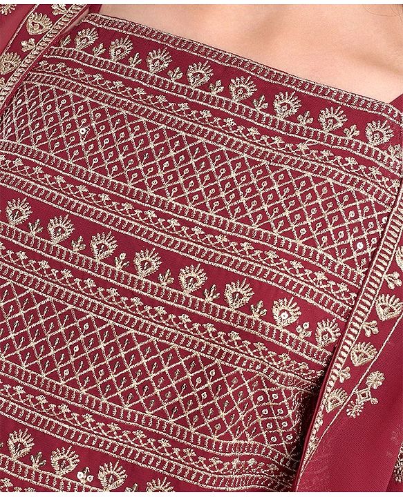 Pine Kids Woven Georgette Zari Embroidered Top and Palazzo Set with Shrug - Maroon