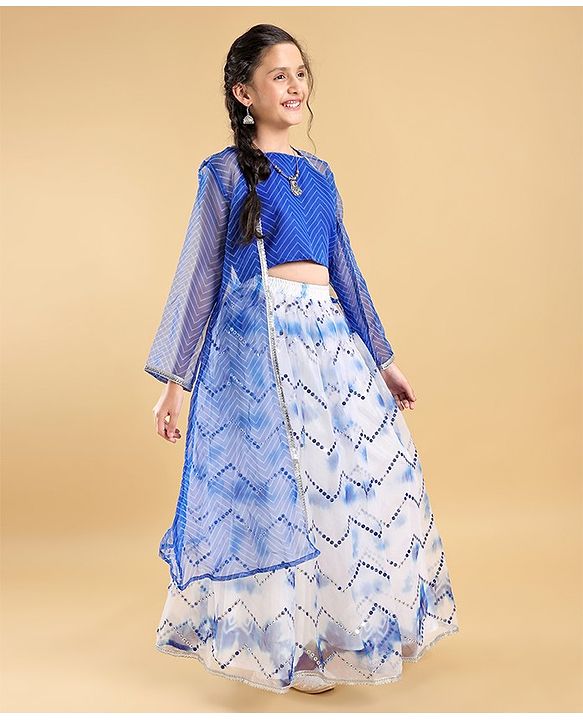 Pine Kids  Full Sleeves Embroidered Choli Lehenga Set with Printed Shrug- Blue