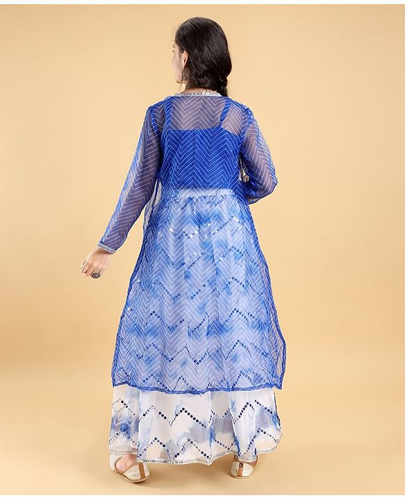 Pine Kids  Full Sleeves Embroidered Choli Lehenga Set with Printed Shrug- Blue