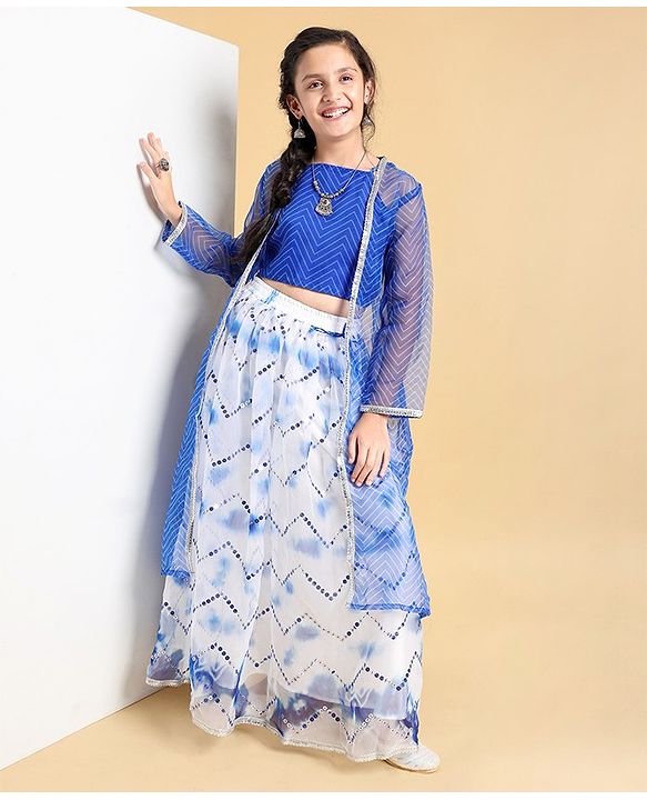 Pine Kids  Full Sleeves Embroidered Choli Lehenga Set with Printed Shrug- Blue