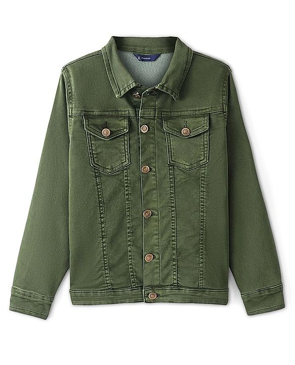Pine Kids Full Sleeves Washed Denim Jacket - Olive Green