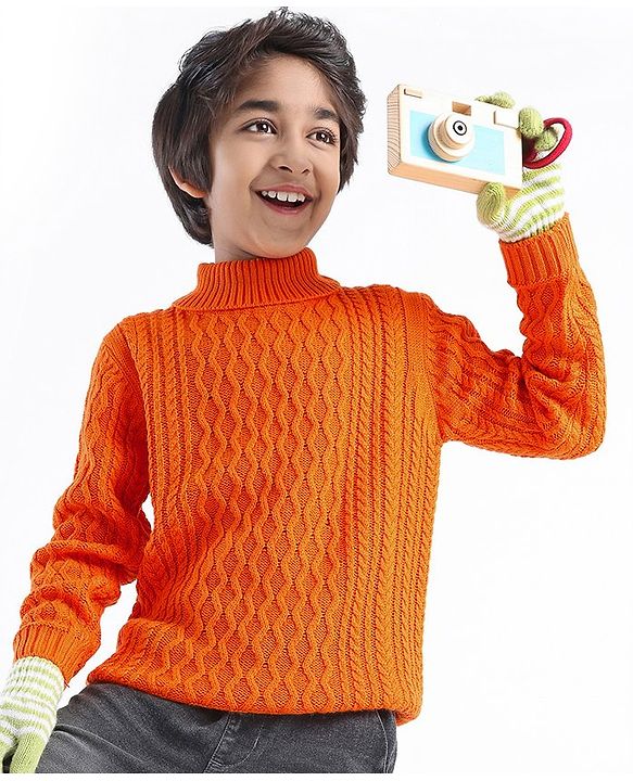 Pine Kids Knit Full Sleeves Sweater With Cable Knit Design - Orange