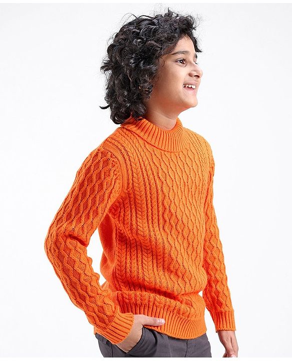 Pine Kids Knit Full Sleeves Sweater With Cable Knit Design - Orange