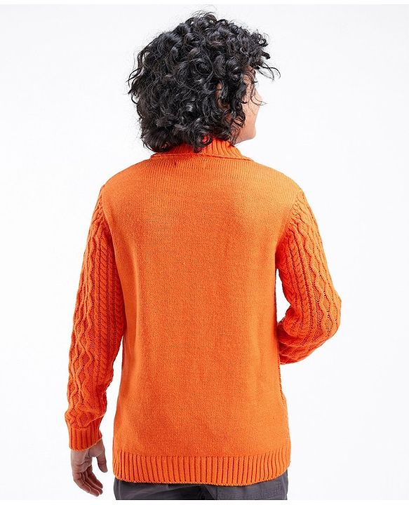 Pine Kids Knit Full Sleeves Sweater With Cable Knit Design - Orange
