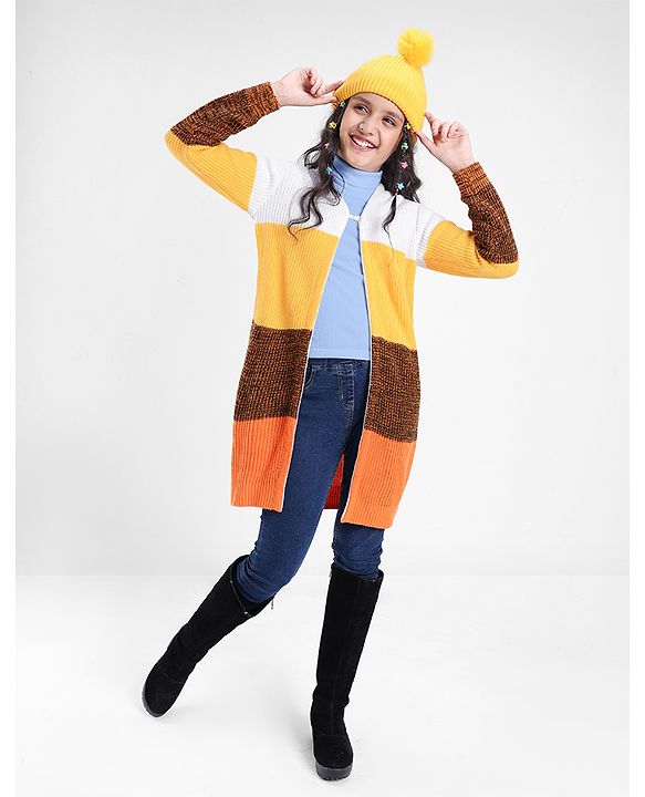 Pine Kids Front Open Sweater With Colour Block Design - Yellow White & Brown