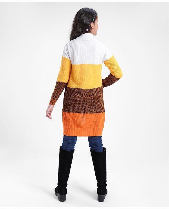 Pine Kids Front Open Sweater With Colour Block Design - Yellow White & Brown