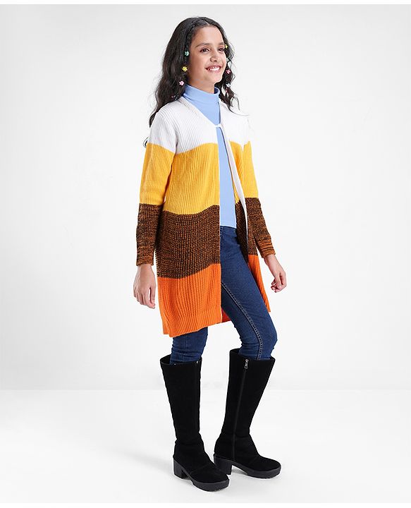 Pine Kids Front Open Sweater With Colour Block Design - Yellow White & Brown