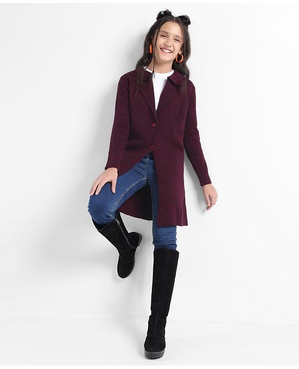 Pine Kids Full Sleeves Front Open Coat Jacket Sweater - Maroon