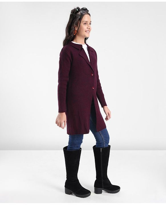 Pine Kids Full Sleeves Front Open Coat Jacket Sweater - Maroon