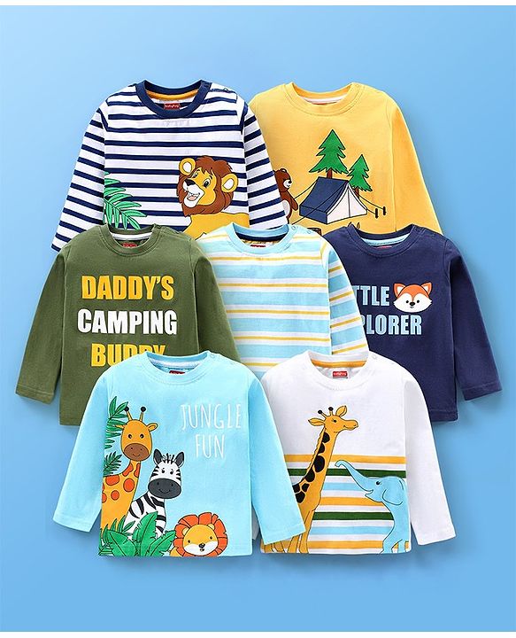 Babyhug Cotton Knit Full Sleeves T-Shirt wiith Graphics Pack of 7 - Green Blue & Yellow