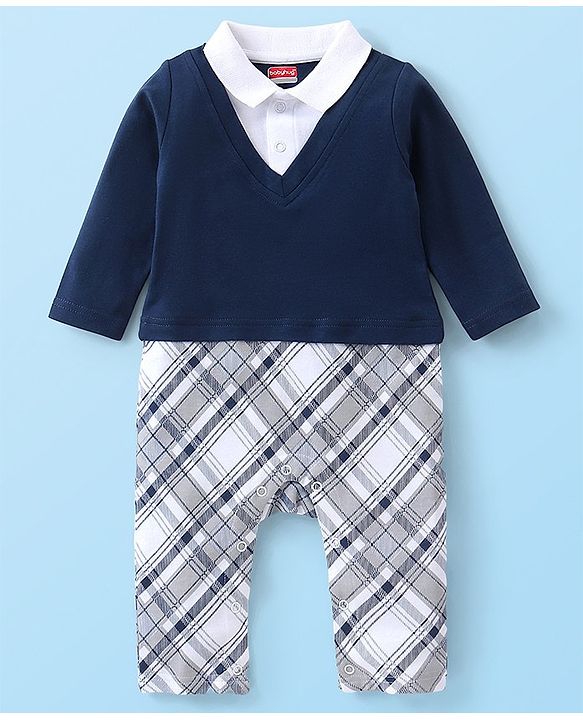 Babyhug Cotton Knit  Full Sleeves Checked Party Romper - Navy Blue