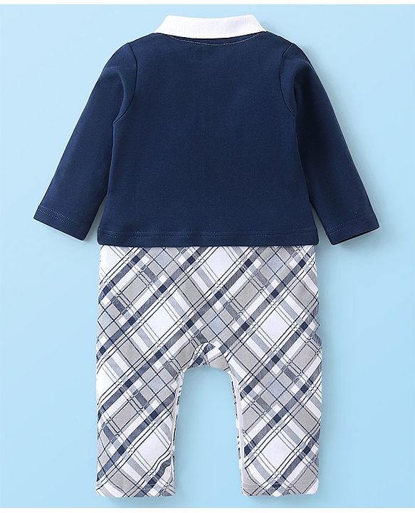 Babyhug Cotton Knit  Full Sleeves Checked Party Romper - Navy Blue