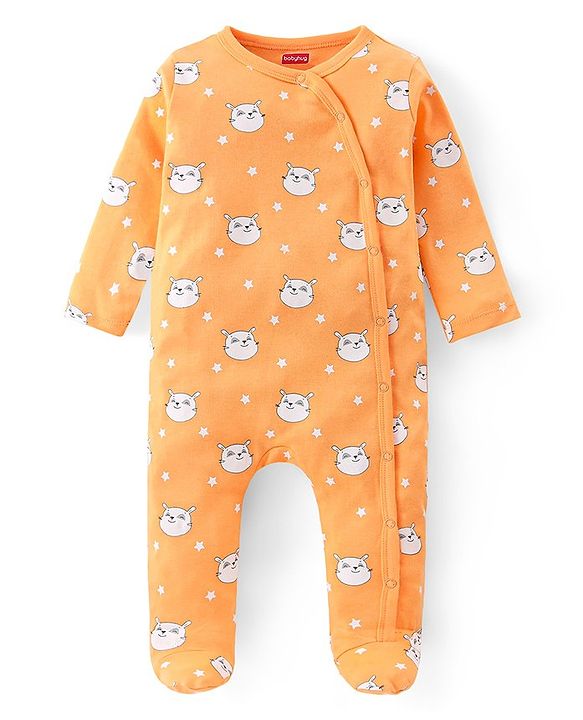 Babyhug Single Jersey Full Sleeves Footed Sleep Suit Kitty Print - Yellow