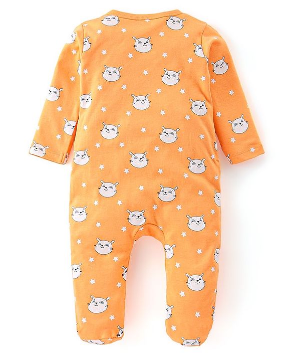 Babyhug Single Jersey Full Sleeves Footed Sleep Suit Kitty Print - Yellow